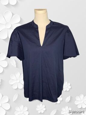 Chico’s size 2 short sleeve navy top flutter puffed sleeves